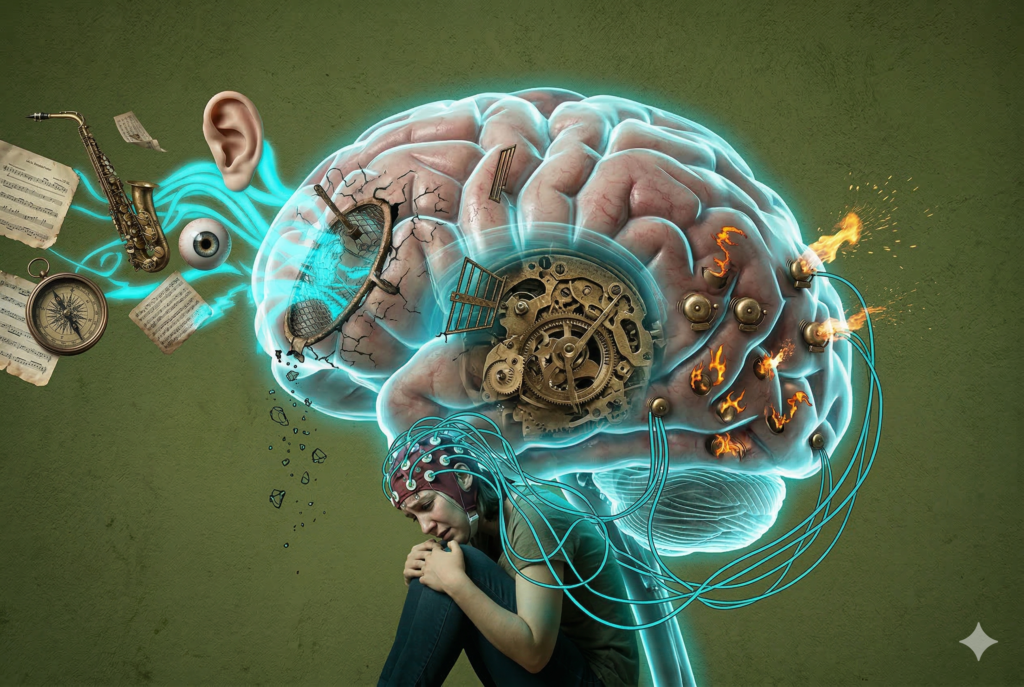 Imagen conceptual sobre hipersensibilidad sensorial: un cerebro sobrecargado de estímulos y alarmas conectado a un paciente mediante un gorro de neurofeedback