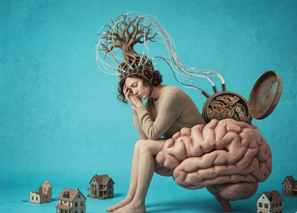 Imagen surrealista de una mujer sentada sobre un cerebro gigante en un estado de introspección profunda. Viste un casco de neurofeedback con cables de fibra óptica y una estructura de árbol seco que brota de su cabeza, simbolizando la desconexión social y la restauración neuronal en un entorno de casas miniatura.