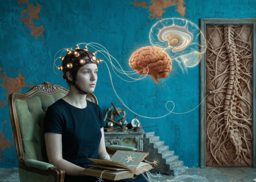 Mujer sentada en una silla antigua de consulta, con un gorro de neurofeedback conectado por filamentos luminosos a un cerebro que flota frente a ella. El fondo es una pared de estuco azul vibrante con una puerta que revela un sistema nervioso humano. Estilo surrealista que representa la reconexión interoceptiva