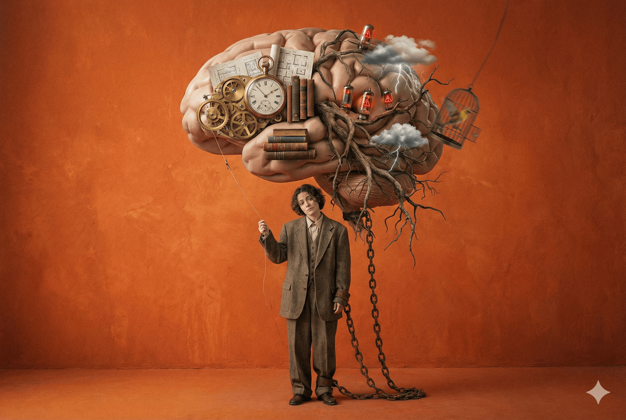 Composición surrealista que muestra a una persona con expresión exhausta encadenada por los pies a un cerebro gigante y dividido. La mitad izquierda del cerebro es mecánica y ordenada con relojes y libros (representando la razón), mientras que la mitad derecha es caótica con raíces, tormentas y jaulas (representando la respuesta de alerta y trauma corporal). La imagen ilustra la desconexión neurofisiológica