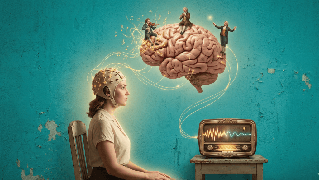 Ilustración artística de una paciente con un gorro de electrodos conectado a un cerebro gigante flotante donde pequeños músicos tocan instrumentos. Representa el mapeo cerebral qEEG y el Neurofeedback como una antena pasiva y segura que escucha la "sinfonía cerebral" sin emitir electricidad.