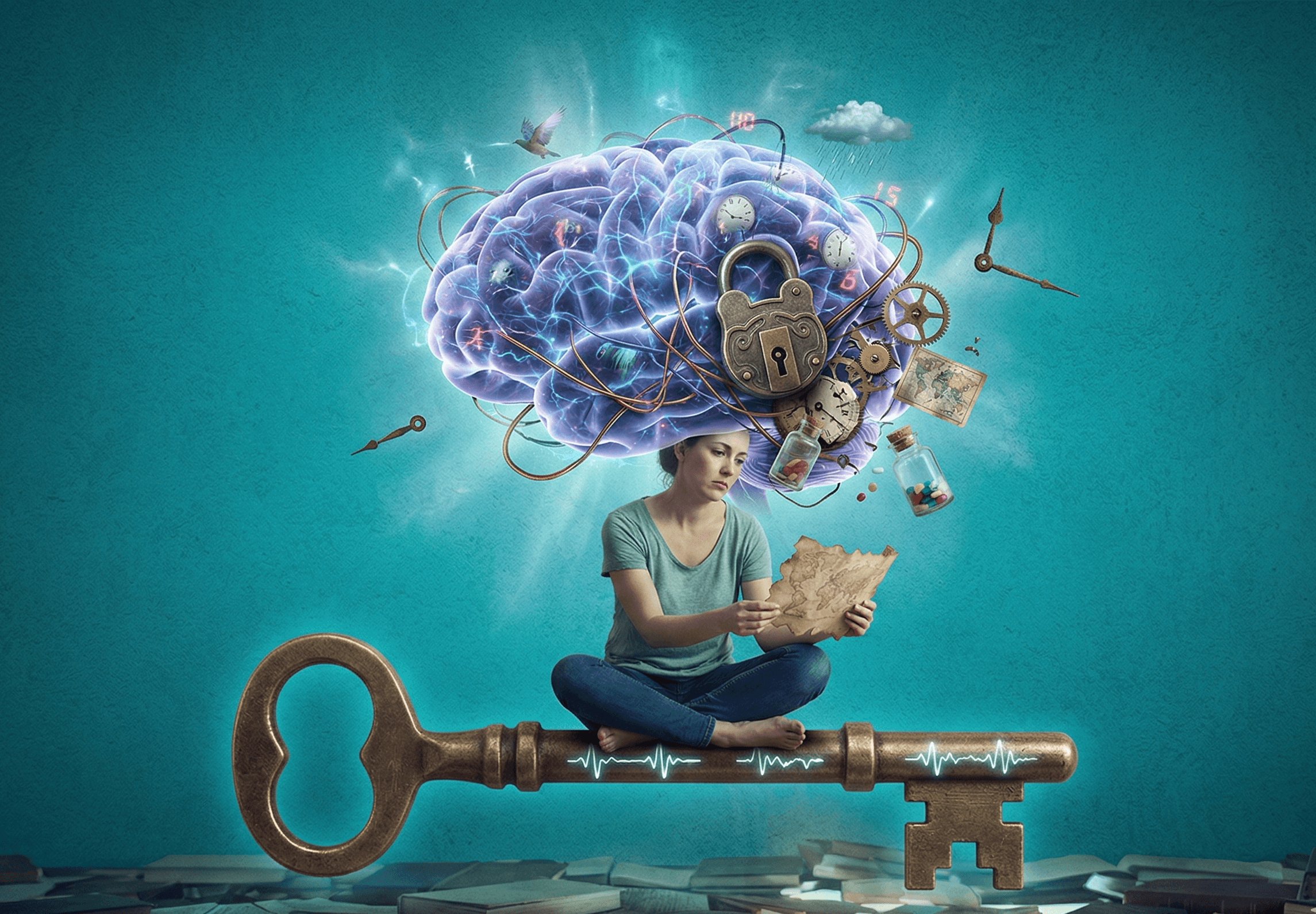 Ilustración surrealista de una paciente analizando un mapa sentada sobre una gran llave con un trazado de HRV, bajo un cerebro con engranajes y candados. Simboliza el uso de la neurorregulación clínica y el mapeo qEEG para desbloquear el estancamiento fisiológico.